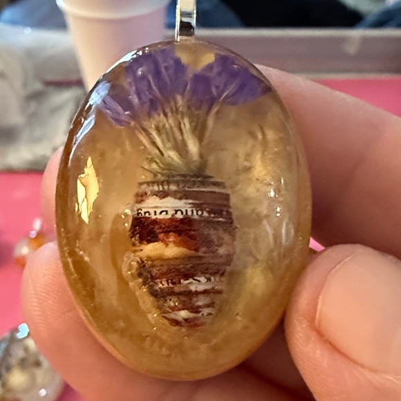 Unique Artisan Gold and Purple Floral Pendant Necklace - Picture 3 of 8